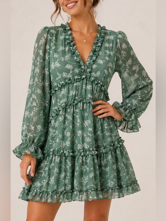 Aura Dresses & Skirts - Aura Floral Ruffle Mini Dress Sage Green Boho Open Back Long Sleeve Large